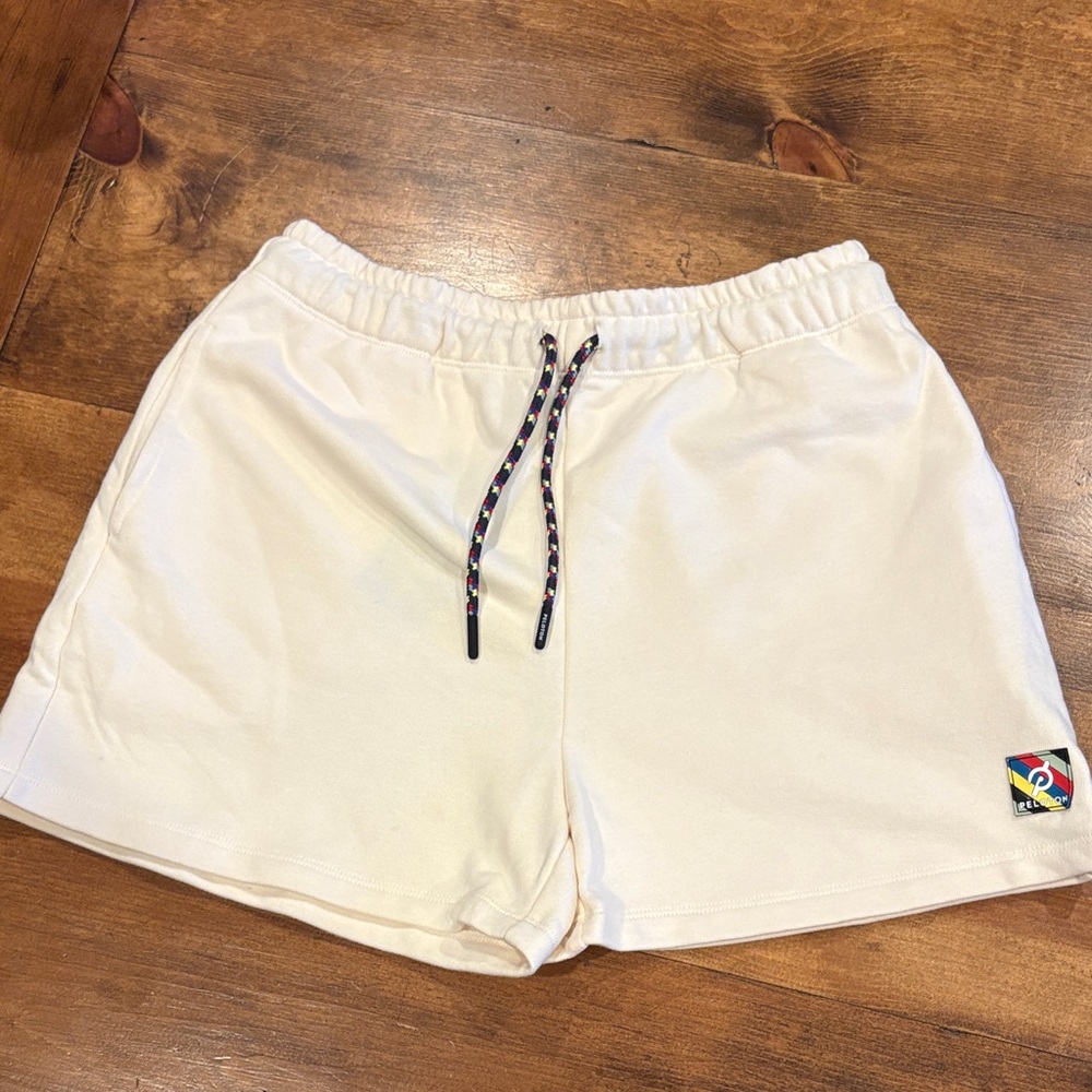 Peloton Cream Athletic Shorts with Multicolor Drawcord